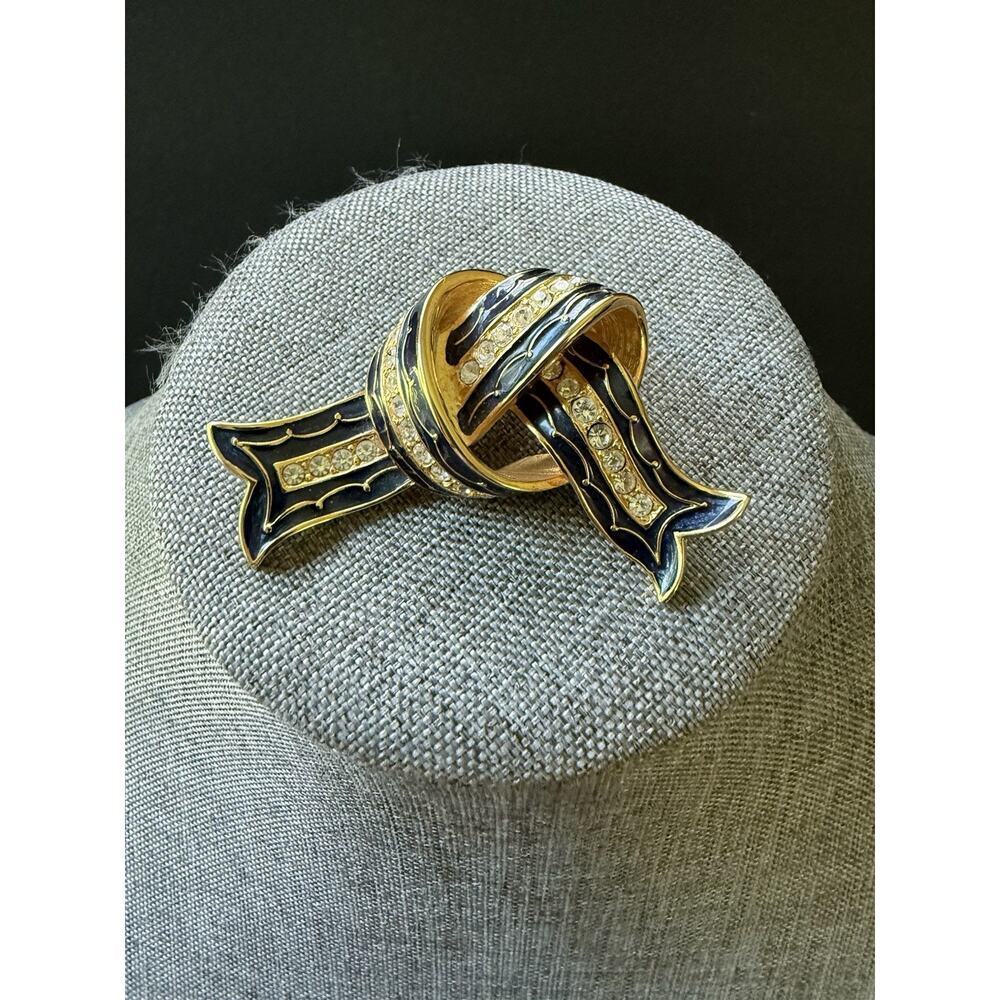 Vintage Joan Rivers Brooch Pin Knot Gold Tone Black Enamel Rhinestone Statement